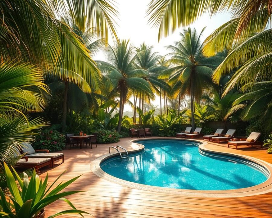 A lush tropical paradise, a secluded oasis nestled within the verdant foliage. In the foreground, a glistening azure pool invites you to cool off, its surface reflecting the dappled sunlight that filters through the swaying palm fronds overhead. Surrounding the pool, a wooden deck dotted with comfortable lounge chairs and patio furniture, creating a perfect setting for relaxation and socializing. In the middle ground, a vibrant array of tropical plants and flowers, their vibrant hues adding a burst of color to the scene. In the background, a towering palm tree canopy, casting gentle shadows and creating a serene, intimate atmosphere. Warm, golden light bathes the entire area, evoking a sense of tranquility and escape. The overall mood is one of pure relaxation and rejuvenation, a true oasis away from the hustle and bustle of daily life.