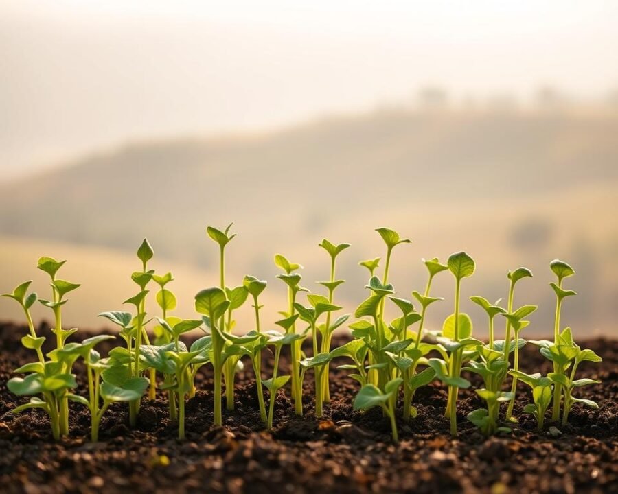 A lush, verdant arrangement of young angelica seedlings, their delicate green leaves unfurling in the soft, diffused light of an overcast day. The seedlings are arranged in the foreground, their stems supported by a rich, loamy soil. The middle ground features a gentle, rolling hillside in the distance, hazy and atmospheric. The background is a tranquil, misty landscape, with the faint outline of trees and mountains. The lighting is natural and soft, casting a warm, golden glow over the scene. The overall mood is one of serene, peaceful growth, inviting the viewer to observe the beginnings of this remarkable herb plant.