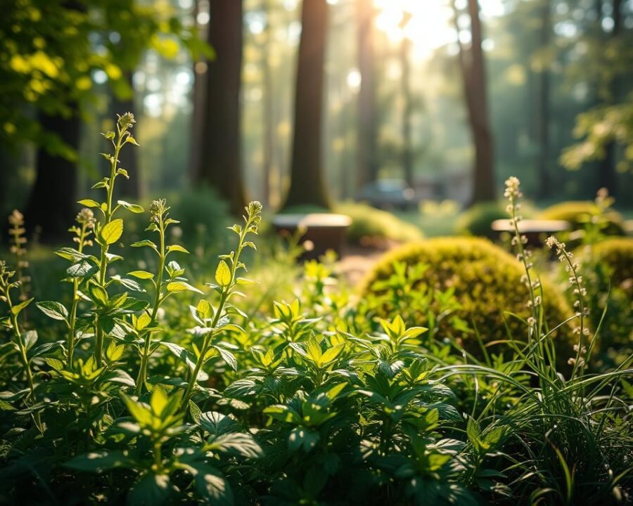 A lush, verdant composition showcasing an assortment of shade-loving herbs in a tranquil, natural setting. In the foreground, sprigs of fragrant lemon balm, mint, and oregano sway gently under the dappled light filtering through the canopy above. In the middle ground, clusters of thriving culinary herbs like parsley, chives, and tarragon form a cohesive tapestry. The background features a softly blurred woodland scene, with towering trees and a hint of mossy undergrowth, creating a serene, inviting atmosphere. Warm, diffused lighting casts a peaceful, earthy glow across the scene, accentuating the vibrant greens and delicate textures of the herbs. Captured with a wide-angle lens to showcase the harmonious composition, this image embodies the lush, shaded haven of a flourishing herb garden.