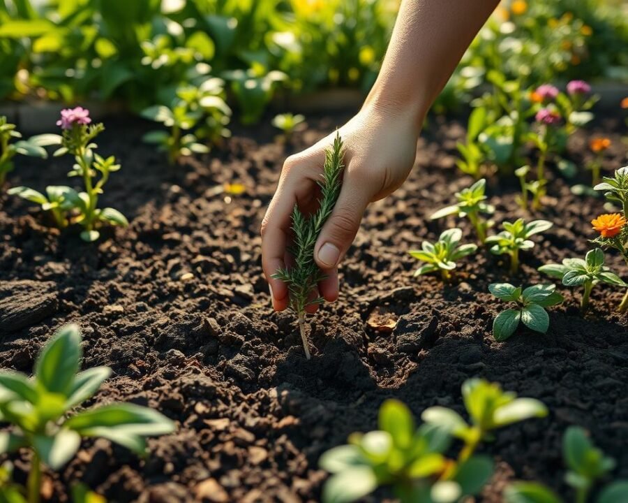 A lush, verdant garden bed with rich, dark soil. In the foreground, a person's hands carefully placing a young sage plant into the prepared soil, their fingers delicately pressing the roots into the earth. Sunlight filters through the leaves of nearby plants, casting a warm, natural glow on the scene. The background features a variety of thriving herbs and flowers, creating a harmonious, welcoming atmosphere. The camera angle is slightly elevated, allowing the viewer to observe the planting process with a sense of tranquility and attention to detail. The overall mood is one of peaceful, mindful cultivation, inviting the viewer to partake in the satisfying act of growing their own sage plant.