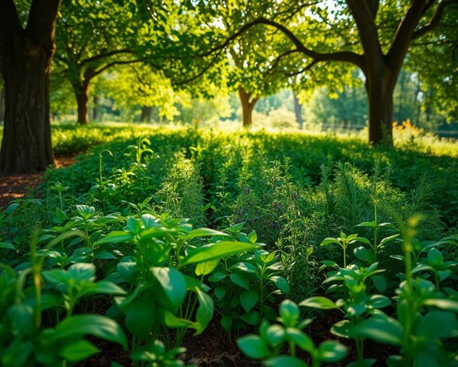 A lush, verdant garden filled with an abundance of thriving herbs growing in the gentle, dappled shade of a canopy of leafy trees. The foreground showcases an array of vibrant green herbs, their delicate leaves and stems reaching towards the soft, filtered sunlight that streams through the overhead foliage. In the middle ground, a mix of familiar culinary herbs, such as basil, thyme, and rosemary, are clustered together, their aromatic scents filling the air. The background features the warm, earthy tones of the soil and the rich, textured bark of the supporting trees, creating a serene and inviting atmosphere. The lighting is natural and softly diffused, casting a warm, golden glow over the entire scene, highlighting the healthy, vibrant growth of the herbs thriving in the shade.