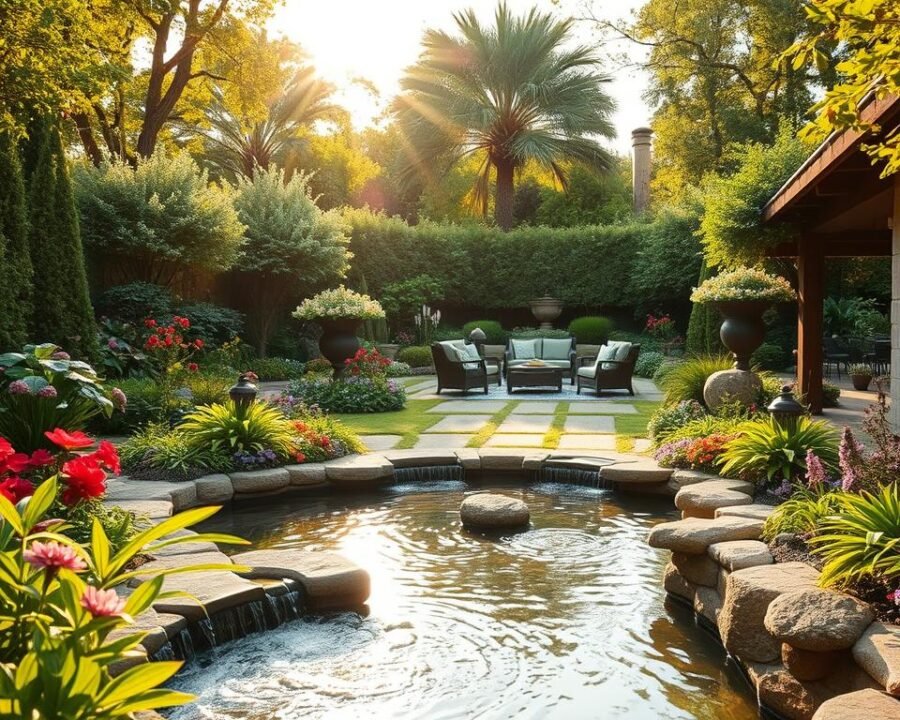 A lush, verdant garden oasis with a charming, transformed backyard space. In the foreground, a tranquil water feature with gently cascading streams and a serene reflecting pool. Surrounded by a vibrant array of blooming flowers, towering trees, and meandering pathways. In the middle ground, an inviting outdoor seating area with comfortable furniture bathed in warm, golden sunlight filtering through the canopy above. In the background, a harmonious blend of ornamental shrubbery and strategic landscaping elements that create a sense of depth and natural harmony. The overall scene exudes a relaxing, serene atmosphere, inviting visitors to immerse themselves in the transformed beauty of this exceptional garden.