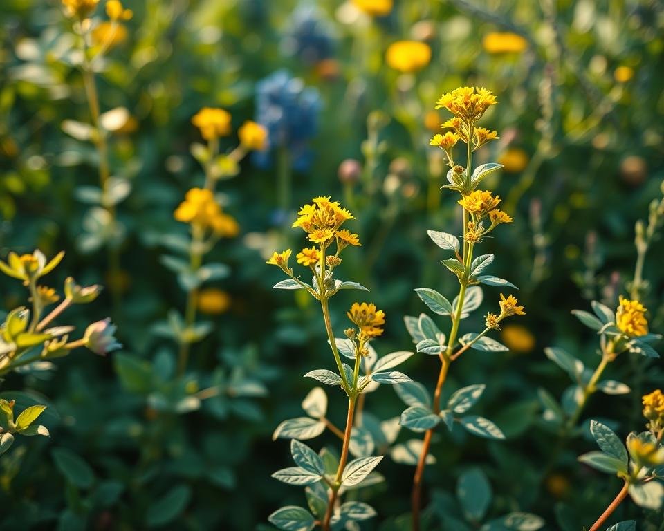 A lush, verdant garden scene featuring the aromatic herb rue (Ruta graveolens). In the foreground, delicate, blue-green rue leaves sway gently in the soft, warm light. The middle ground showcases the plant's clusters of tiny, yellow flowers, their petals catching the sun's rays. In the background, a harmonious blend of other medicinal and culinary herbs create a serene, natural atmosphere. The lighting is diffused and atmospheric, highlighting the rue's subtle colors and textures. The composition is balanced, allowing the rue to take center stage as the focal point. This image captures the beauty and versatility of this remarkable herb.