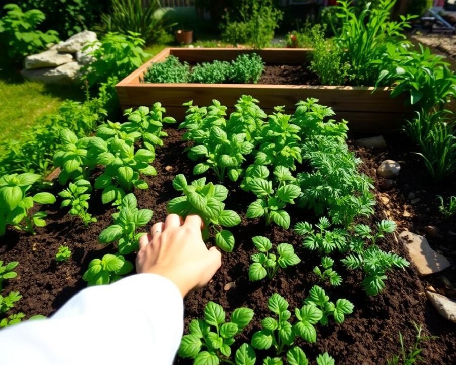 A lush, verdant garden scene in natural daylight, captured through a wide-angle lens. In the foreground, a person's hands delicately planting various herb seedlings in neat rows, their soil-stained fingers gently patting the earth. The middle ground showcases a diverse array of thriving herb plants - fragrant basil, leafy parsley, vibrant rosemary, and more - arranged in an organized, visually appealing layout. The background features a rustic wooden planter box or raised garden bed, surrounded by natural elements like river stones, soft greenery, and perhaps a hint of a larger garden or outdoor space. The overall mood is one of calm, tranquility, and a connection to the natural world, perfectly suited for illustrating a guide on planting herbs.