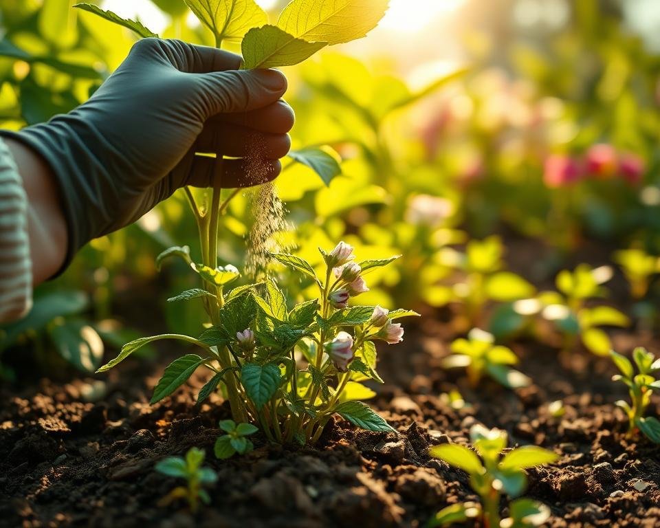 A lush, verdant garden scene, with a close-up view of a thriving dream herb plant. Sunlight filters through the leaves, casting a warm, golden glow on the scene. In the foreground, a gloved hand carefully sprinkles a organic, slow-release fertilizer around the base of the plant, nourishing the soil and promoting robust growth. The plant's vibrant green leaves and delicate purple flowers stand out against the rich, loamy earth. In the background, a blur of other flourishing plants, suggesting a bountiful, well-tended garden. The scene conveys a sense of tranquility, care, and the natural cycle of growth.