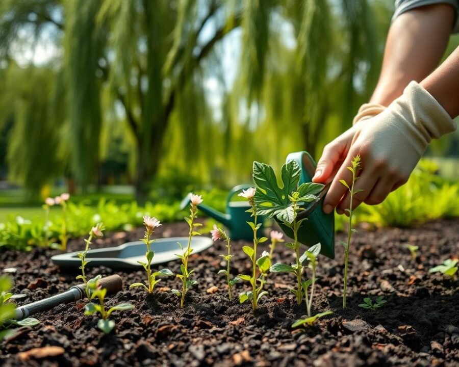 A lush, verdant garden setting with a close-up view of the step-by-step planting process for willow herb. In the foreground, hands tenderly place willow herb seedlings into rich, dark soil, their delicate pink blooms visible. The middle ground showcases the planting tools - a trowel, gloves, and a small watering can. The background depicts a serene backdrop of swaying willow trees, their graceful branches framing the scene. Natural daylight filters in, casting a warm, soft glow over the entire composition. The overall mood is one of tranquility, care, and the nurturing of new life.