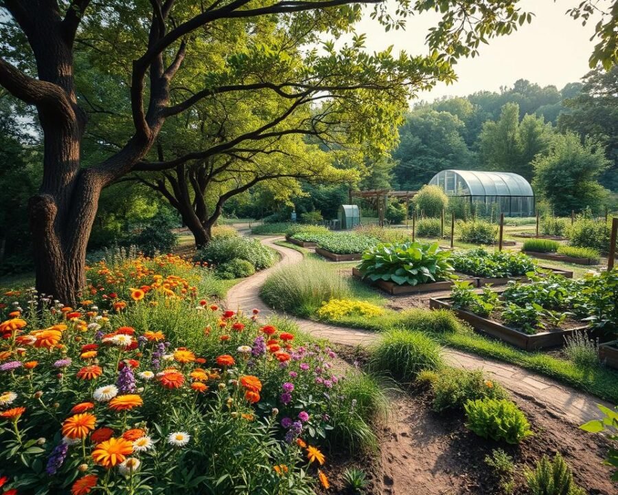 A lush, verdant garden thrives with diverse flora and fauna. In the foreground, vibrant beds of pollinator-friendly flowers and herbs sway gently in a soft breeze. Towering trees provide dappled shade, their branches cradling bird nests and buzzing insects. Winding paths meander through the landscape, edged with neatly composted soil. In the distance, a neatly organized vegetable patch flourishes, its raised beds filled with heirloom tomatoes, leafy greens, and vibrant squash. The scene is illuminated by warm, natural lighting, captured by a wide-angle lens to showcase the harmonious balance of this eco-friendly oasis. This tranquil, sustainable garden embodies the principles of organic, holistic horticulture.
