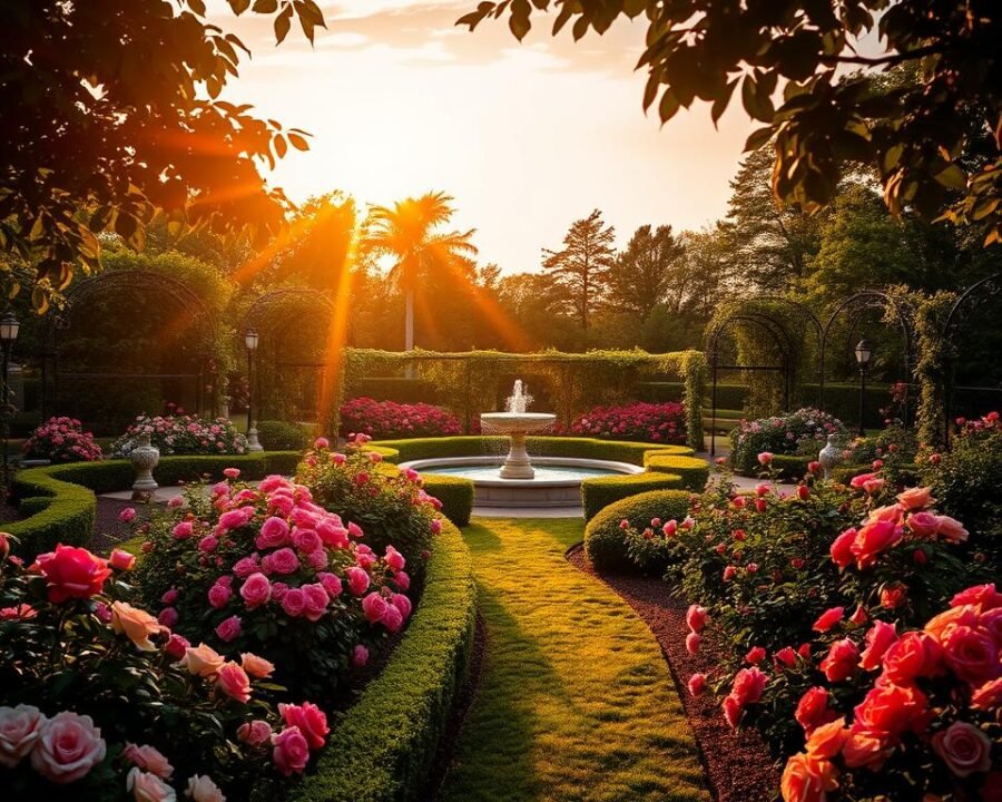 A lush, verdant garden under a warm, golden sunset. The James P. Kelleher Rose Garden, a picturesque tableau of vibrant blooms in various hues, from delicate pastels to bold, saturated tones. Winding paths flanked by neatly pruned rose bushes lead the eye towards a central fountain, its water cascading gently. Ornamental trellises and arbors provide a whimsical framework, casting soft, dappled shadows across the scene. The garden's rich history is palpable, a timeless elegance that evokes a bygone era of horticultural excellence. A serene, inviting atmosphere, perfect for a stroll through this floral oasis.
