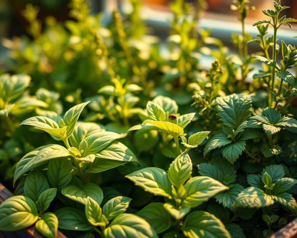 A lush, verdant herb garden in a planter box, with a variety of thriving plants. In the foreground, a close-up view of a basil plant, its vibrant green leaves slightly wilted, indicating a pest infestation. In the middle ground, a small, curious ladybug crawling on a mint leaf, its red shell a striking contrast against the greenery. The background features an array of other herbs, such as rosemary, thyme, and oregano, all bathed in warm, golden sunlight filtering through a window. The lighting is soft and diffused, creating a serene, natural atmosphere. The composition is balanced, with the focus on the pest-affected basil plant, drawing the viewer's attention to the issue at hand.