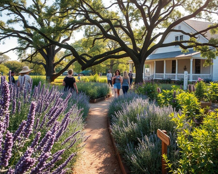 A lush, verdant herb garden in the heart of Fredericksburg, Texas. In the foreground, visitors wander amidst rows of fragrant lavender, rosemary, and thyme, their fingers gently brushing against the delicate leaves. The middle ground showcases a meandering path leading visitors through a diverse tapestry of herbs, each variety labeled with hand-painted wooden signs. Sunlight filters through the canopy of mature oak trees, casting a warm, golden glow over the scene. In the background, a charming white-washed farmhouse with a wrap-around porch serves as the perfect backdrop, hinting at the rich history and hospitality of this unique herb garden experience. A lush, verdant herb garden in the heart of Fredericksburg, Texas. In the foreground, visitors wander amidst rows of fragrant lavender, rosemary, and thyme, their fingers gently brushing against the delicate leaves. The middle ground showcases a meandering path leading visitors through a diverse tapestry of herbs, each variety labeled with hand-painted wooden signs. Sunlight filters through the canopy of mature oak trees, casting a warm, golden glow over the scene. In the background, a charming white-washed farmhouse with a wrap-around porch serves as the perfect backdrop, hinting at the rich history and hospitality of this unique herb garden experience.