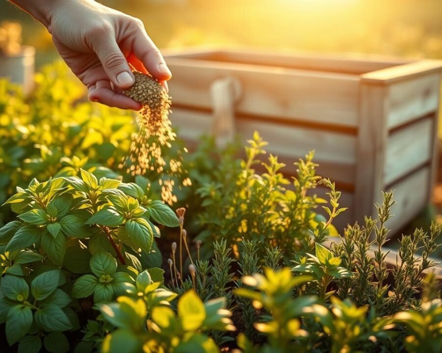 A lush, verdant herb garden set against a warm, golden afternoon light. In the foreground, a gardener's hands gently sprinkle organic fertilizer granules around the base of thriving basil, rosemary, and thyme plants. The middle ground showcases the vibrant foliage of the herbs, each leaf capturing the sun's rays. In the background, a weathered wooden planter box stands, its rustic charm complementing the natural setting. The overall scene conveys a sense of tranquility and the nurturing care required to cultivate a bountiful herb garden. Captured with a wide-angle lens, the image provides a comprehensive view of the fertilization process in an inviting, earthy tone.