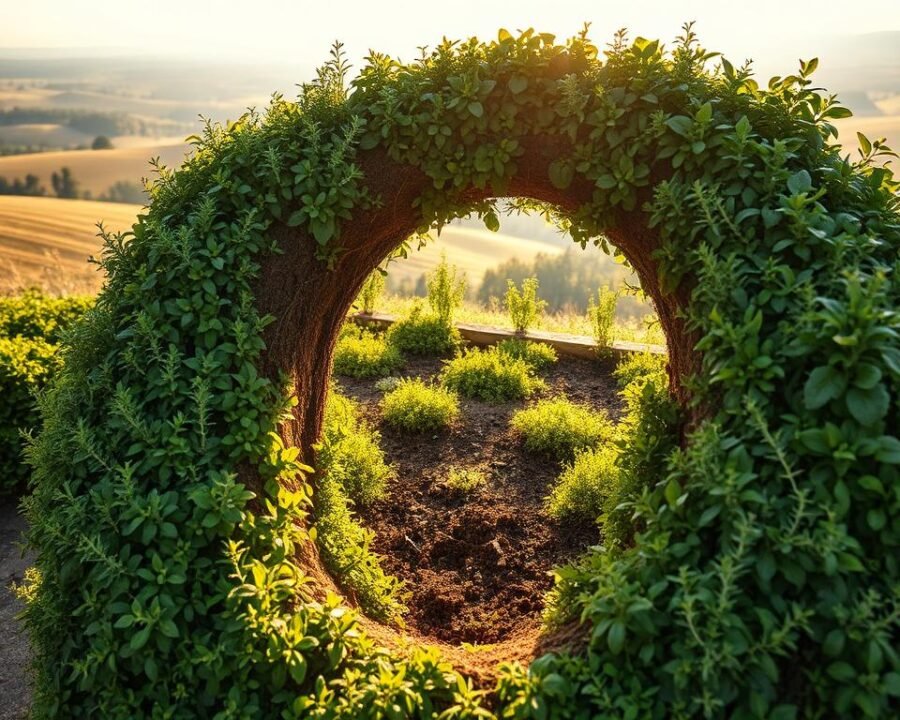 A lush, verdant keyhole herb spiral with a rich compost core, illuminated by warm afternoon sunlight. The foreground features a meticulously crafted spiral garden, with layers of thriving herbs like rosemary, thyme, and oregano cascading down the curved walls. The middle ground showcases the central compost core, a dark, nutrient-dense hub that nourishes the surrounding plants. In the background, a soft, hazy landscape of rolling hills and a cloudless sky creates a serene, idyllic atmosphere. The scene is captured with a wide-angle lens, highlighting the ingenious design and the harmonious integration of the garden with its natural surroundings.