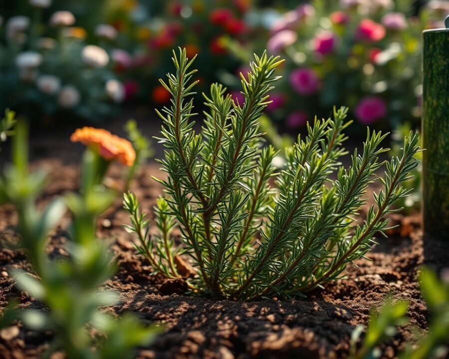 A lush, verdant rosemary plant thriving in a well-tended garden. The fragrant, needle-like leaves glisten in the soft, warm light, casting delicate shadows on the rich, loamy soil below. The plant is framed by a picturesque backdrop of blooming flowers, their vibrant hues adding depth and contrast to the scene. A gentle breeze whispers through the garden, creating a serene and inviting atmosphere. The camera angle captures the rosemary from a low perspective, emphasizing its stately presence and the abundance of the surrounding flora. This image perfectly encapsulates the essence of rosemary as a beloved, versatile, and indispensable garden herb.