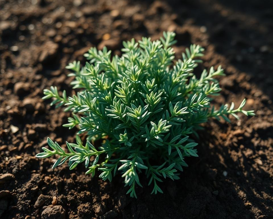 A lush, verdant rue plant thriving in rich, dark soil. The plant's finely textured, blue-green foliage spreads outward, casting a soft, delicate shadow on the earth below. Sunlight filters through, creating a warm, natural glow that highlights the plant's intricate details. The soil is moist and loamy, with a hint of earthiness. The scene conveys a sense of growth, vitality, and the serene beauty of a thriving garden herb. Captured with a wide-angle lens, the image offers a tranquil, immersive perspective that invites the viewer to imagine tending to this hardy, fragrant addition to their own garden.
