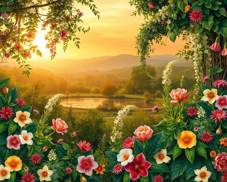 A lush, verdant wallpaper design inspired by the mythical Garden of Eden. In the foreground, a intricate floral pattern featuring a vibrant array of blooming flowers, leaves, and vines. The middle ground showcases a serene, sun-dappled landscape with a tranquil pond reflecting the natural beauty. In the background, a warm, golden-hued sky with softly diffused lighting creates a sense of timeless elegance. The overall composition evokes a timeless, premium quality and a harmonious, naturalistic aesthetic suitable for a high-end, botanical-themed interior space.