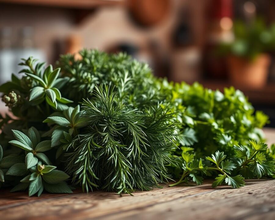 A lush, vibrant arrangement of fresh sage, dill, and cilantro, meticulously arranged on a rustic wooden surface. The herbs are bathed in warm, natural lighting, casting delicate shadows that accentuate their intricate textures and vibrant hues. The composition is balanced, with the herbs occupying the foreground, and a soft, blurred background suggesting a cozy, inviting kitchen setting. The scene exudes a sense of culinary inspiration and the comforting aroma of these essential cooking herbs. A lush, vibrant arrangement of fresh sage, dill, and cilantro, meticulously arranged on a rustic wooden surface. The herbs are bathed in warm, natural lighting, casting delicate shadows that accentuate their intricate textures and vibrant hues. The composition is balanced, with the herbs occupying the foreground, and a soft, blurred background suggesting a cozy, inviting kitchen setting. The scene exudes a sense of culinary inspiration and the comforting aroma of these essential cooking herbs.
