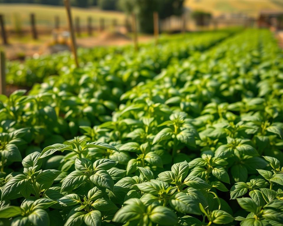 A lush, vibrant garden filled with an abundance of basil leaves. The foreground showcases a close-up view of the deep green, fragrant foliage, with delicate stems and intricate leaf textures. The middle ground reveals the plants growing in neat rows, their full, bushy shapes creating a harmonious pattern. In the background, a soft, out-of-focus landscape provides a gentle, natural setting, perhaps with the faint suggestion of a wooden fence or garden path. The lighting is natural and warm, casting a gentle glow on the leaves and creating subtle shadows that add depth and dimension. The overall mood is one of freshness, vitality, and the pure joy of homegrown herbs.