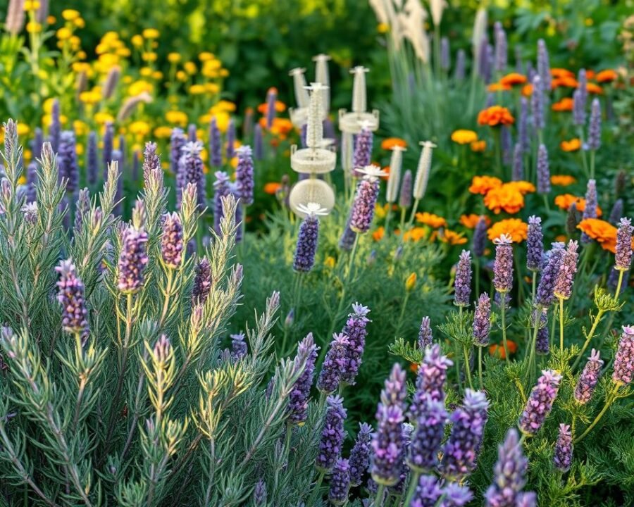 A lush, vibrant garden filled with an array of aromatic herbs, their leaves gently swaying in the soft breeze. In the foreground, a cluster of fragrant rosemary, its silvery-green foliage contrasted by the delicate purple blossoms. Surrounding it, a tapestry of lavender, its calming scent permeating the air. In the middle ground, a row of tall, feathery fennel plants, their yellow umbels attracting a swarm of beneficial insects. In the background, a verdant backdrop of sage, thyme, and marigolds, their pungent aromas working in harmony to deter common garden pests. The scene is bathed in warm, golden light, casting a serene and inviting atmosphere, perfect for showcasing the natural pest control abilities of these companion plants.