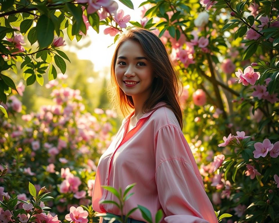 A lush, vibrant garden filled with blooming flowers in soft hues of pink, purple, and white. In the foreground, a young woman stands amidst the greenery, wearing a delicate, flowing pink shirt that complements the natural surroundings. The light filters through the leaves, casting a warm, golden glow on the scene. The camera angle is slightly elevated, providing a gentle, inviting perspective. The overall mood is one of tranquility, beauty, and the joy of spring. The details of the woman's shirt, the delicate petals, and the verdant foliage are rendered with meticulous attention to realism and visual harmony.