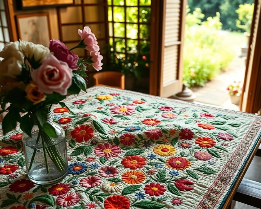 A lush, vibrant garden quilt draped across a rustic wooden table, bathed in soft, warm sunlight streaming through an open window. The quilt's intricate pattern features an array of colorful, hand-embroidered flowers and foliage, each petal and leaf meticulously rendered. In the foreground, a vase of freshly cut blooms adds a touch of natural beauty, their delicate petals gently swaying. The middle ground reveals the quilt's intricate stitching, the threads creating a tactile, woven texture. In the background, a glimpse of a tranquil garden scene, with verdant plants and a wooden trellis, sets the stage for this cozy, inviting tableau. The overall mood is one of natural charm, comfort, and the joy of homemade craftsmanship.