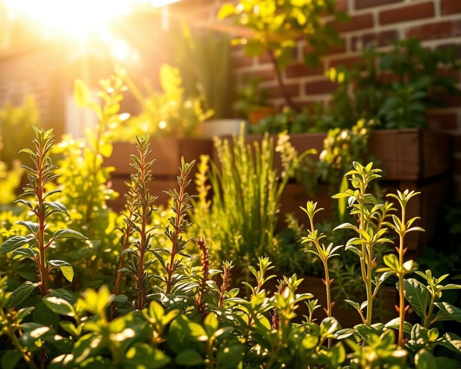 A lush, vibrant herb garden bathed in warm, golden sunlight that filters through a canopy of verdant leaves. The foreground showcases thriving basil, rosemary, and oregano plants, their delicate stems and vibrant foliage glistening with morning dew. The middle ground features an assortment of other herbs like thyme, chives, and parsley, arranged in a harmonious, organic layout. In the background, a wooden planter box stands against a backdrop of a sun-dappled brick wall, creating a cozy, inviting atmosphere. The lighting is soft and diffused, casting a natural, earthy glow that enhances the rich, earthy tones of the herbs. Captured with a wide-angle lens to showcase the entire scene, this image embodies the essence of a thriving, sun-nourished DIY herb garden.