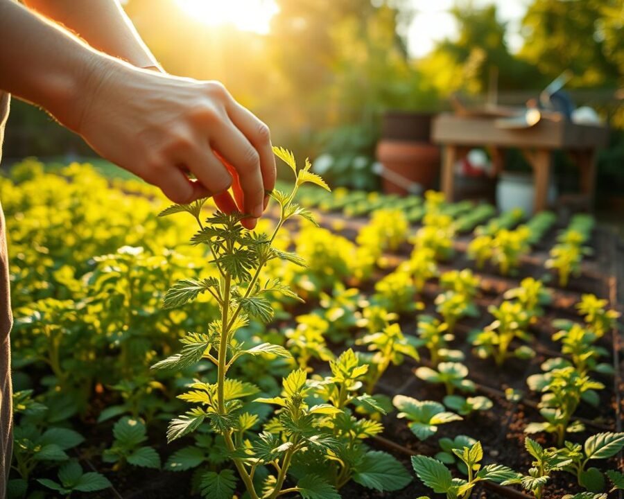 A lush, vibrant herb garden bathed in warm, natural light. In the foreground, a gardener's hands gently examine the leaves of a thriving dream herb plant, checking for signs of disease or pests. The middle ground reveals a compact, organized garden bed with neatly arranged rows of dream herbs in various stages of growth. In the background, a wooden potting bench and gardening tools suggest an ongoing, attentive approach to plant care. The scene conveys a sense of tranquility, dedication, and a deep connection between the gardener and their flourishing dream herb plants.