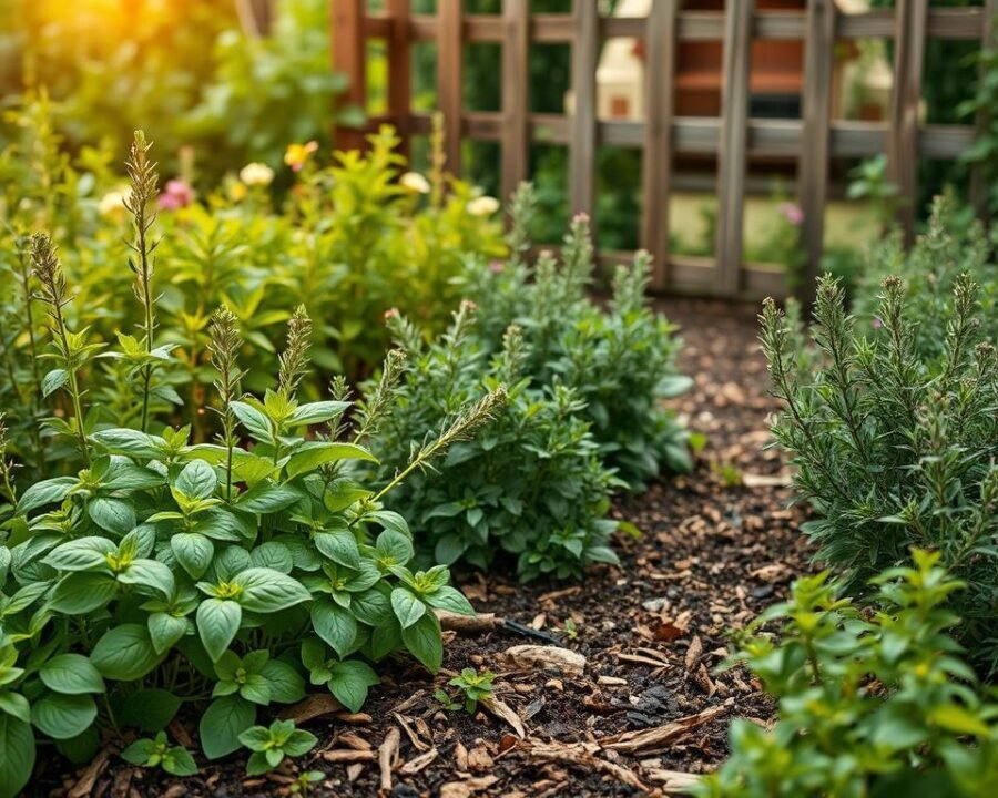 A lush, vibrant herb garden in full bloom, showcasing a visually appealing companion planting strategy. The foreground features a variety of herbs, including basil, rosemary, thyme, and oregano, strategically arranged to maximize space and promote natural pest control. The middle ground depicts a verdant, well-tended soil, with a mixture of leaf litter and organic mulch, creating a rich, nutrient-dense environment. In the background, a rustic wooden fence or trellis adds a charming, country-inspired element, complementing the natural setting. The lighting is soft and diffused, casting a warm, golden glow over the scene, highlighting the textures and colors of the herbs. The overall atmosphere is one of harmony, balance, and the rewarding benefits of thoughtful companion planting.