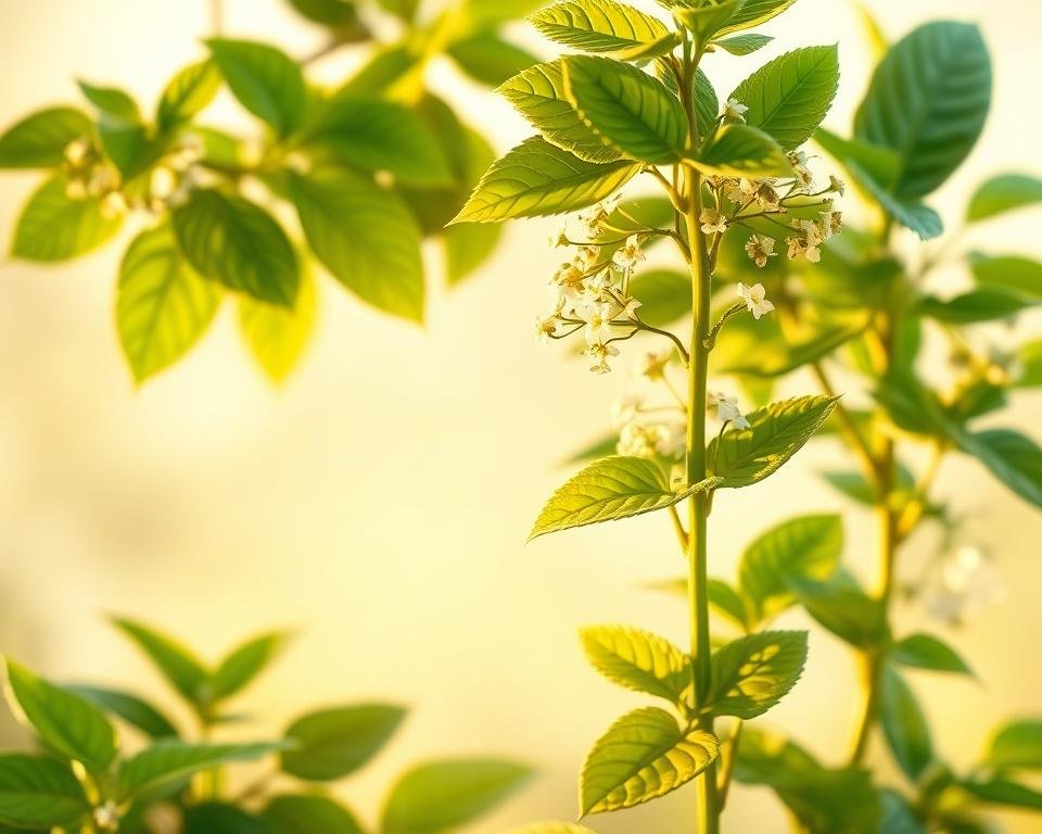 A lush, vibrant illustration of lemon balm (Melissa officinalis), a fragrant herb known for its medicinal properties. Set against a soft, natural background, the plant's glossy green leaves and delicate white flowers are illuminated by warm, diffused lighting, capturing its soothing and healing essence. The foreground features the herb's key medicinal uses, such as its calming effects, ability to ease digestive issues, and potential to improve cognitive function. The mid-ground showcases the plant's growth habit, with stems and leaves arranged in a harmonious, organic composition. The background subtly suggests a serene, garden-like setting, adding to the overall sense of tranquility and wellness. Capture the herb's versatility and therapeutic benefits through this visually captivating and informative image.