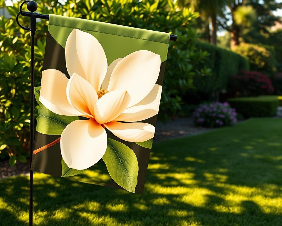 A lush, vibrant magnolia garden flag unfurling in the gentle breeze. The large, creamy white blossoms stand out against a backdrop of verdant foliage, casting delicate shadows on the well-manicured lawn. The scene is bathed in warm, golden light, creating a serene, inviting atmosphere. The flag's design features a detailed, botanically accurate magnolia flower, its petals rendered with exquisite precision. The overall composition is balanced and visually striking, perfectly capturing the essence of a tranquil magnolia garden.