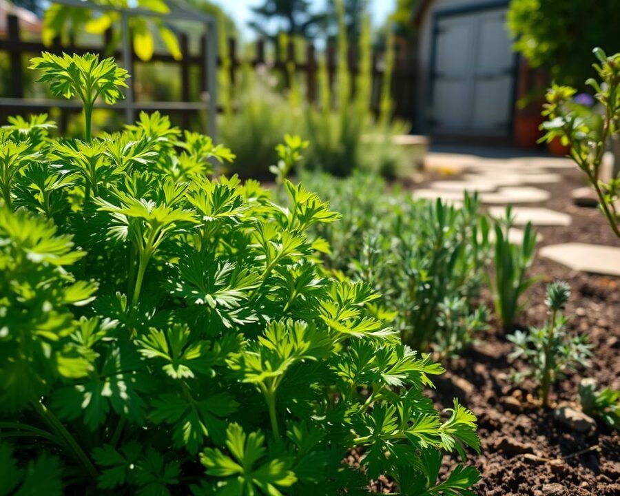 A lush, vibrant parsley plant thriving in a well-tended garden. The foreground features the plant's rich green leaves, their curled edges and intricate details captured in high resolution. Sunlight filters through the leaves, casting soft shadows on the soil below. In the middle ground, other herbs like rosemary and thyme complement the parsley, creating a harmonious botanical scene. The background showcases a picturesque garden setting, with a wooden fence, a weathered stone path, and a glimpse of a garden shed in the distance. The overall mood is one of natural abundance and serene productivity, inviting the viewer to appreciate the beauty and utility of this hardy, versatile herb.