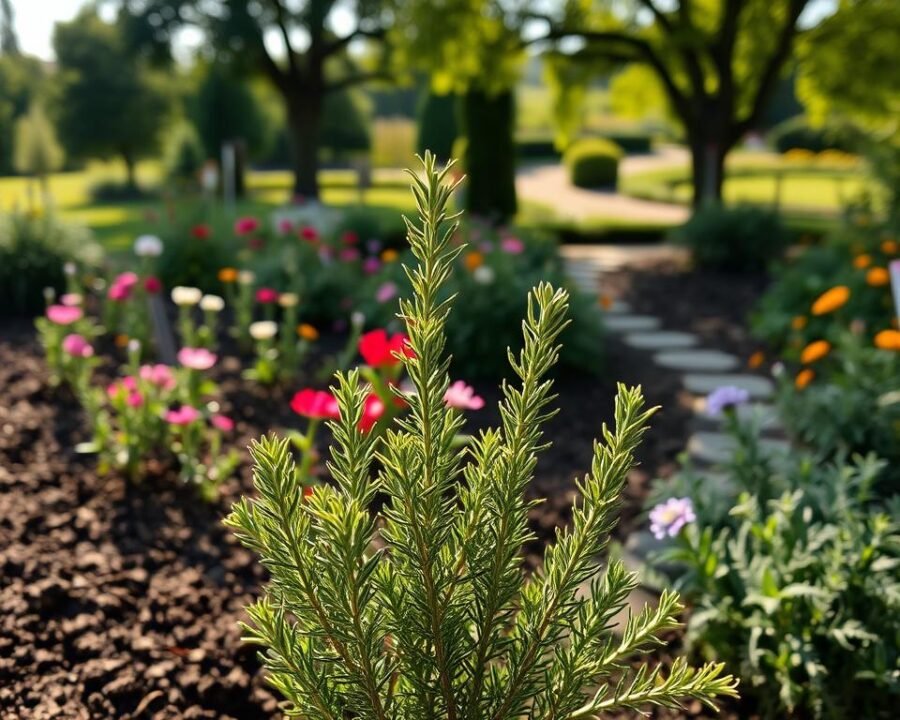 A lush, vibrant rosemary plant thriving in a well-tended garden. The plant is in full bloom, its needle-like leaves glistening in the warm afternoon sunlight. The rosemary is positioned in the foreground, its hardy, woody stems firmly rooted in the rich, dark soil. In the middle ground, a variety of other fragrant herbs and flowers surround the rosemary, creating a harmonious and inviting composition. The background features a picturesque garden landscape, with towering trees and a glimpse of a charming garden path winding through the verdant foliage. The overall scene conveys a sense of tranquility, natural beauty, and the joys of gardening.