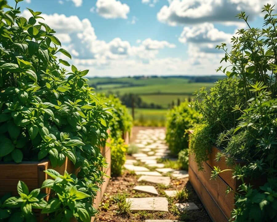 A lush, well-lit garden scene showcasing a variety of fresh, beginner-friendly herbs. In the foreground, vibrant green basil, mint, thyme, and parsley plants are growing in a raised wooden planter. The middle ground features a natural stone path leading through the garden, with soft, diffused sunlight filtering through the leaves. In the background, a picturesque countryside landscape with rolling hills and a blue sky peppered with fluffy white clouds creates a serene, inviting atmosphere. The overall composition emphasizes the simplicity and accessibility of growing these versatile herbs, perfect for the home cook looking to add fresh flavor to their dishes.