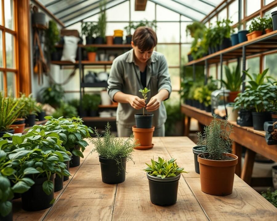 A lush, well-lit greenhouse interior with a wooden workbench in the foreground. On the bench, a variety of potted herbs including basil, rosemary, and thyme are arranged neatly. In the middle ground, a gardener in casual clothing is carefully transplanting a small seedling into a fresh pot, their hands gentle and attentive. The background is filled with shelves of plant supplies, soil, and gardening tools, creating a sense of a functional, dedicated herb-growing space. Soft, diffused natural light filters in through large windows, casting a warm, inviting glow over the scene.
