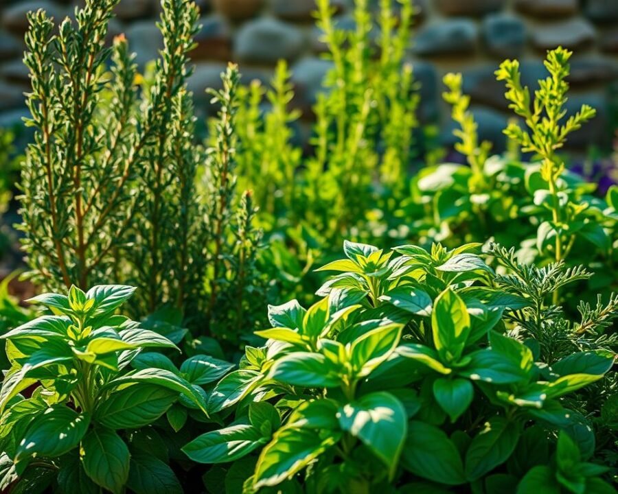A lush, well-lit herb garden brimming with vibrant, easy-to-grow herbs. In the foreground, a cluster of fragrant basil, its broad, green leaves gently swaying. Behind it, a trio of thriving rosemary plants, their needle-like foliage casting a soft, earthy aroma. In the middle ground, a mix of hearty thyme, oregano, and parsley, their delicate tendrils intertwining. In the background, a backdrop of natural stone walls, suggesting a cozy, rustic setting perfect for an aspiring gardener. The scene is illuminated by warm, golden sunlight, casting a gentle glow and highlighting the plants' textures and colors. The overall atmosphere is one of tranquility, inviting the viewer to imagine the satisfying experience of tending to this bountiful, easy-to-maintain herb garden.