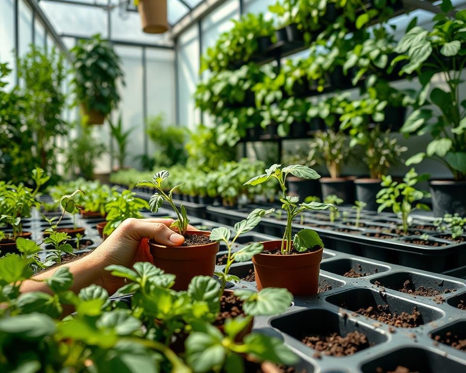 A lush, well-lit indoor greenhouse setting showcasing various herb propagation techniques. In the foreground, a close-up view of a hand delicately transplanting a young herb seedling into a small pot, the soil rich and dark. In the middle ground, different propagation methods are displayed - cuttings rooting in water, herbs growing from seed in trays, and division of mature plants. The background features a wall of shelves filled with thriving, mature herb plants, their leaves casting gentle shadows. The overall atmosphere is serene, inviting, and educational, highlighting the diverse ways to grow flavorful, healthy herbs at home.