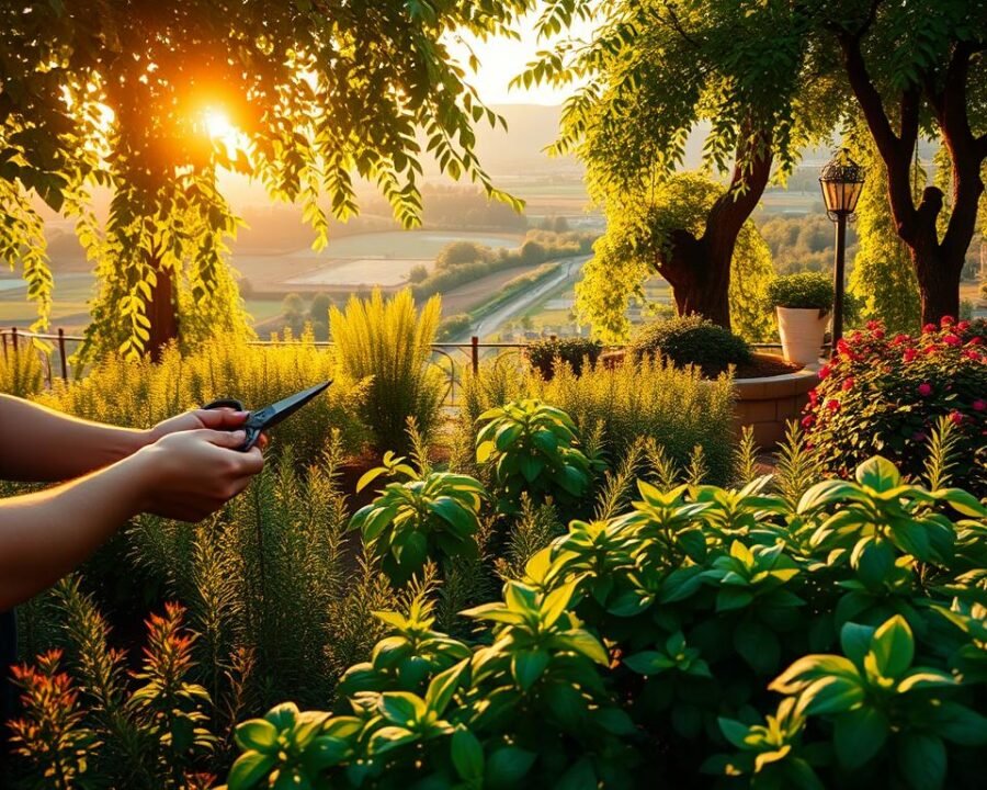 A lush, well-maintained herb garden in full bloom, illuminated by warm, golden sunlight filtering through a canopy of verdant foliage. In the foreground, a gardener's hands carefully prune and tend to the vibrant plants, their movements graceful and intentional. The middle ground showcases a diverse array of thriving herbs - fragrant rosemary, lush basil, and robust thyme, each expertly cared for. In the background, a picturesque landscape unfolds, with a serene path winding through the garden, inviting exploration. The overall scene radiates a sense of harmony, showcasing the beauty and abundance that can be achieved through year-round herb garden maintenance.