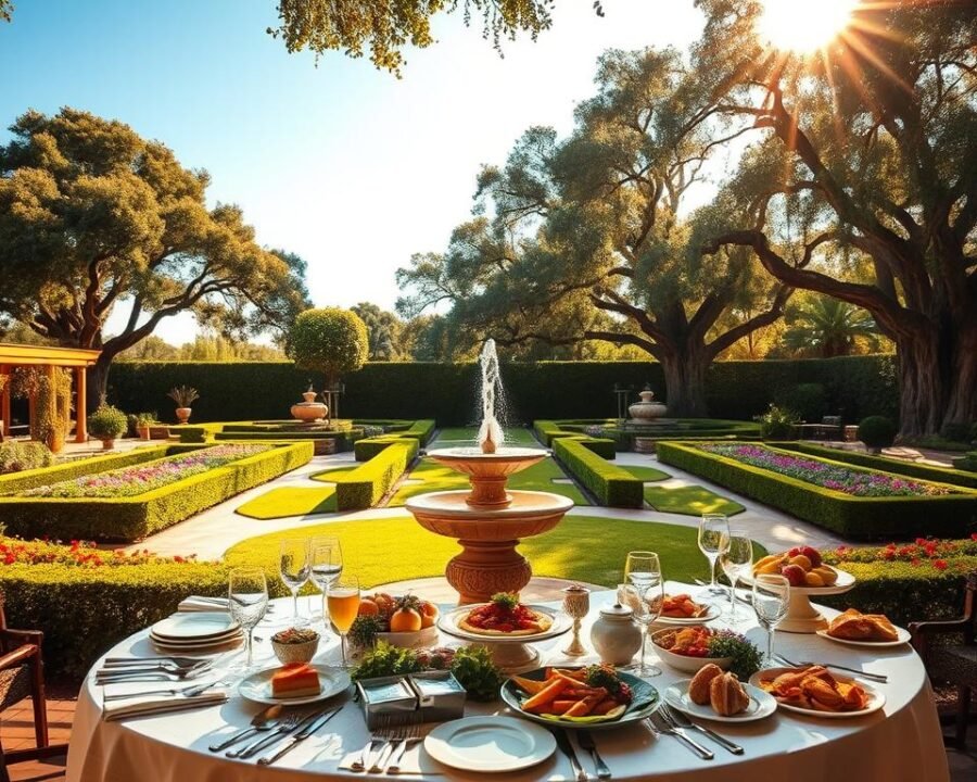 A lush, well-manicured garden oasis, with a striking stone fountain as the centerpiece. In the foreground, a table is elegantly set with fine china, crystal glassware, and a bountiful spread of gourmet dishes, showcasing the culinary excellence of Stoneacre Garden's catering services. The middle ground features beautifully landscaped flower beds and neatly trimmed hedges, while the background is framed by towering oak trees and a clear, azure sky. Warm, golden sunlight filters through the leaves, casting a soft, inviting glow over the entire scene. The overall atmosphere exudes a sense of refined sophistication and attention to detail, perfectly encapsulating the high-quality experience that Stoneacre Garden offers.