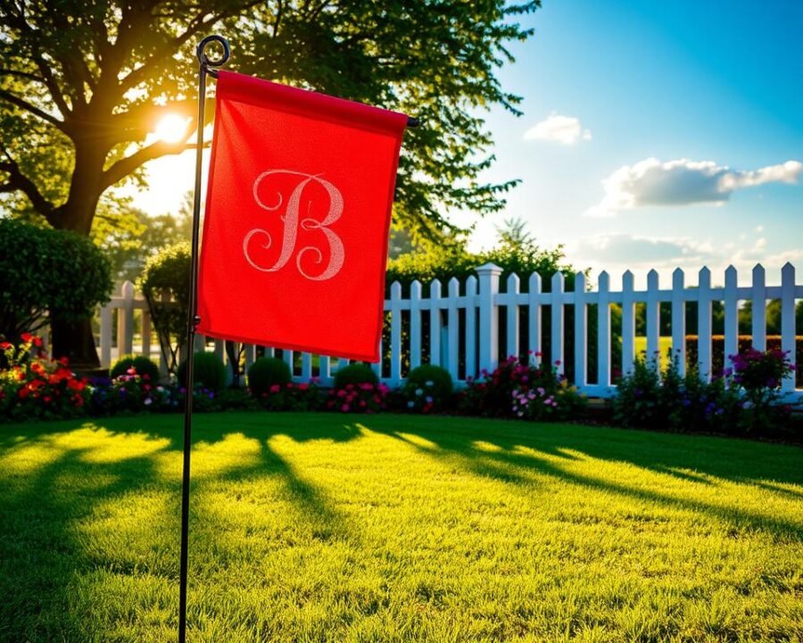 A lush, well-manicured garden under a warm, golden afternoon sun. In the foreground, a vibrant, intricately embroidered monogram garden flag stands proudly, its intricate design casting a subtle shadow on the neatly mowed lawn below. The flag's fabric gently flutters in a light breeze, creating a sense of movement and tranquility. In the middle ground, a variety of colorful flowers and shrubs frame the scene, adding depth and texture. The background features a picturesque white picket fence, beyond which a serene blue sky with fluffy clouds completes the idyllic, inviting atmosphere.