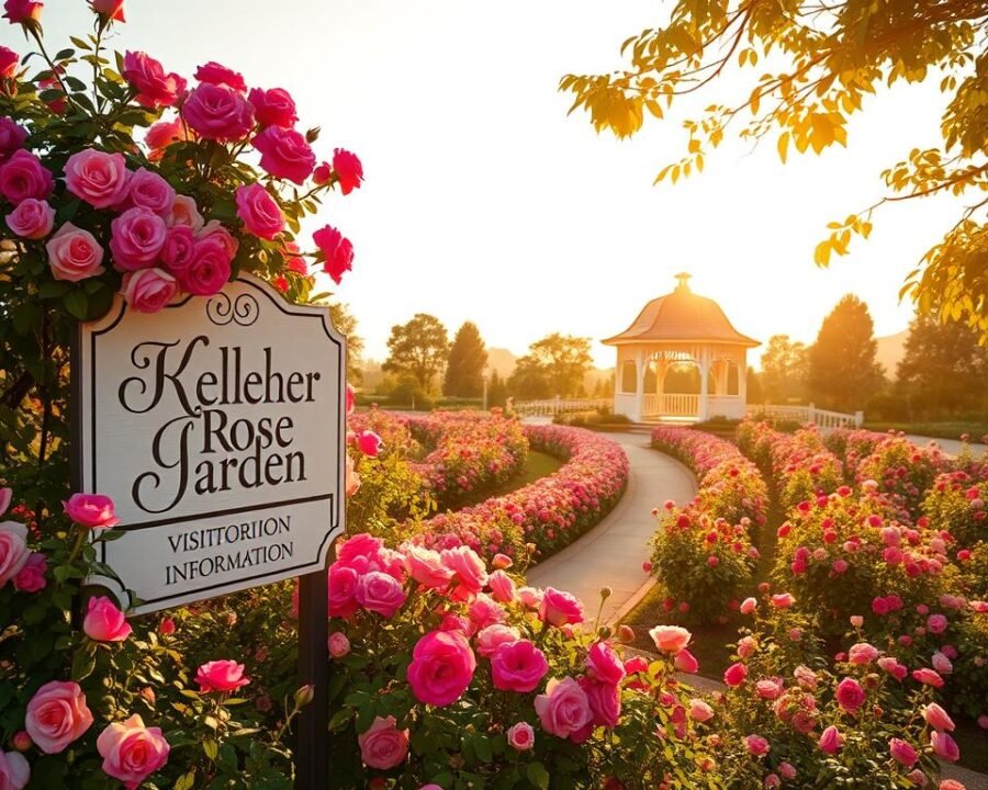 A lush, well-manicured rose garden under a warm, golden afternoon sun. In the foreground, a large sign with ornate lettering displays "Kelleher Rose Garden Visitor Information." The signage is framed by a variety of vibrant rose bushes in full bloom, their petals gently swaying in a light breeze. In the middle ground, a winding path leads visitors through the garden, surrounded by an abundance of rose varieties in a spectrum of colors. In the background, a classic gazebo stands tall, its white wooden structure contrasting beautifully against the verdant foliage. The overall scene exudes a sense of tranquility and natural beauty, inviting visitors to explore and immerse themselves in the splendor of the Kelleher Rose Garden.