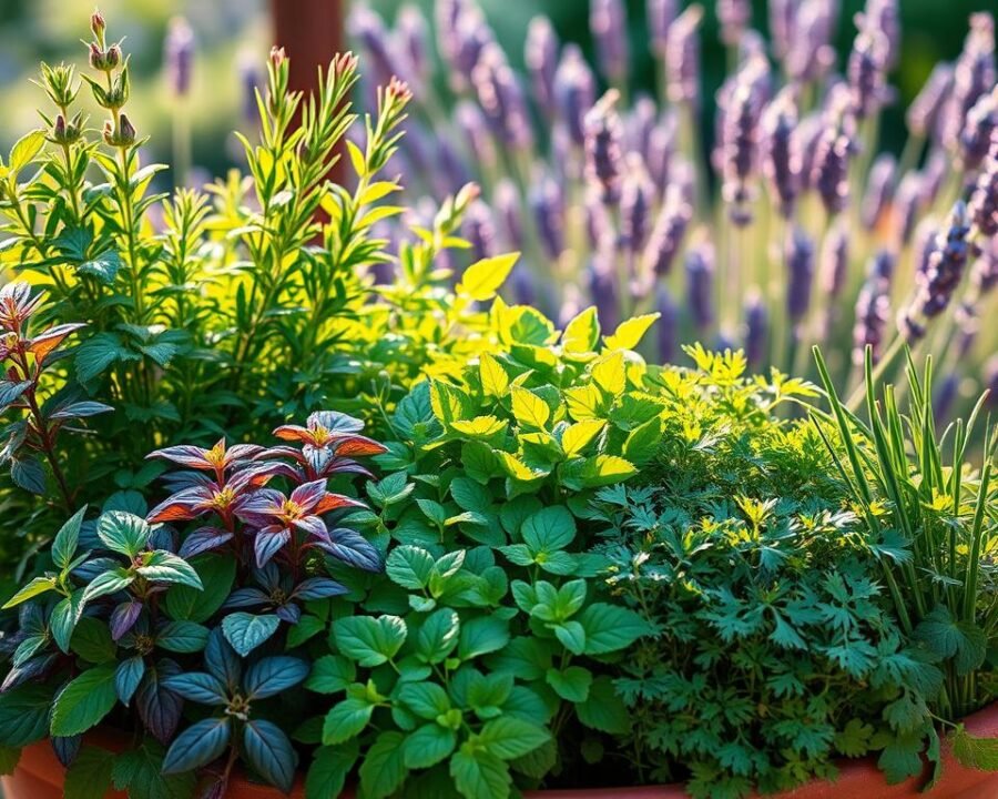 A lush, well-organized container garden filled with various thriving herbs arranged in a harmonious companion planting design. The foreground showcases a mix of vibrant green and purple basil, fragrant rosemary, and verdant parsley, their leaves gently swaying in a soft breeze. The middle ground features bushy cilantro and chives, their delicate flowers adding pops of color. In the background, a row of tall, slender lavender plants creates a calming, natural border, their hues complementing the overall palette. Soft, warm lighting filters through the scene, casting a golden glow and highlighting the herbs' intricate textures. The entire composition conveys a sense of balance, productivity, and the beauty of functional, symbiotic plant relationships.