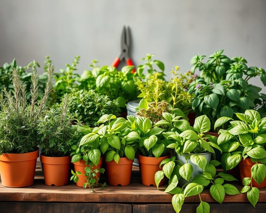 A lush, well-organized herb garden setup on a rustic wooden table. In the foreground, various potted herbs like rosemary, thyme, and basil are neatly arranged, their vibrant green leaves glistening under the warm, natural lighting. In the middle ground, a few garden tools like pruning shears and a small watering can are carefully placed, hinting at the attentive care given to this miniature oasis. The background features a simple, uncluttered backdrop, allowing the herbs to take center stage and creating a serene, inviting atmosphere perfect for showcasing the beauty and potential of these essential kitchen garden plants.