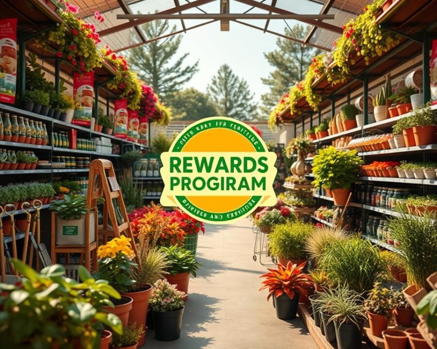 A lush, well-stocked garden center with a vibrant rewards program sign displayed prominently. The foreground features potted plants, garden tools, and a large, inviting rewards program logo. The middle ground showcases rows of shelves filled with gardening supplies, while the background depicts a sunny, outdoor setting with trees and a clear sky. Warm, soft lighting bathes the scene, creating a welcoming and inviting atmosphere. The overall composition conveys a sense of abundance, expertise, and a customer-centric focus on the rewards program to encourage repeat visits and loyalty.