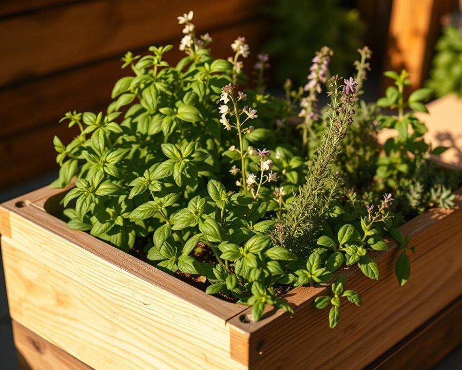 A lush, well-tended herb planter box sits in warm, golden sunlight. Basil, rosemary, and thyme flourish, their verdant leaves and delicate flowers gently swaying in a soft breeze. The wooden planter casts a natural, rustic charm, its weathered grain and earthy tones complementing the vibrant greenery. Soft shadows dapple the scene, creating depth and dimension. The overall composition exudes a sense of tranquility and abundance, inviting the viewer to lean in and breathe in the fragrant aromas of the thriving herb garden.