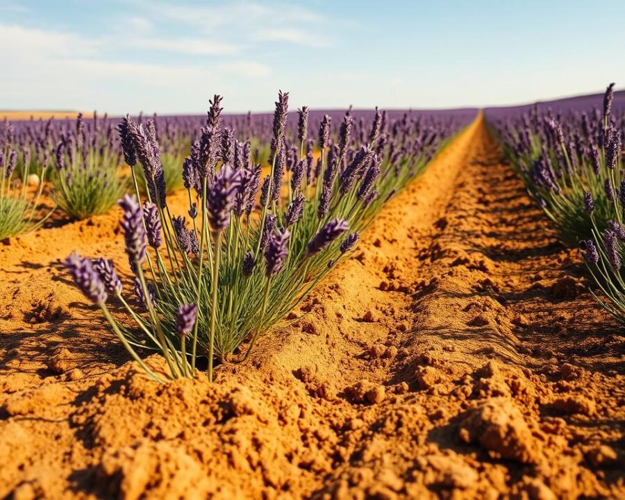 A lush, well-tilled lavender field bathed in warm, golden sunlight. The soil is a rich, earthy hue, meticulously prepared for planting. Delicate lavender stalks are gently pushed into the soft, crumbly earth, their vibrant purple hues contrasting beautifully with the surrounding landscape. In the background, a cloudless azure sky stretches out, creating a serene and tranquil atmosphere. The scene is captured from a low angle, emphasizing the scale and grandeur of the lavender cultivation process. The image conveys the calming, therapeutic essence of growing this beloved herb, inviting the viewer to envision themselves tending to this fragrant, therapeutic garden.