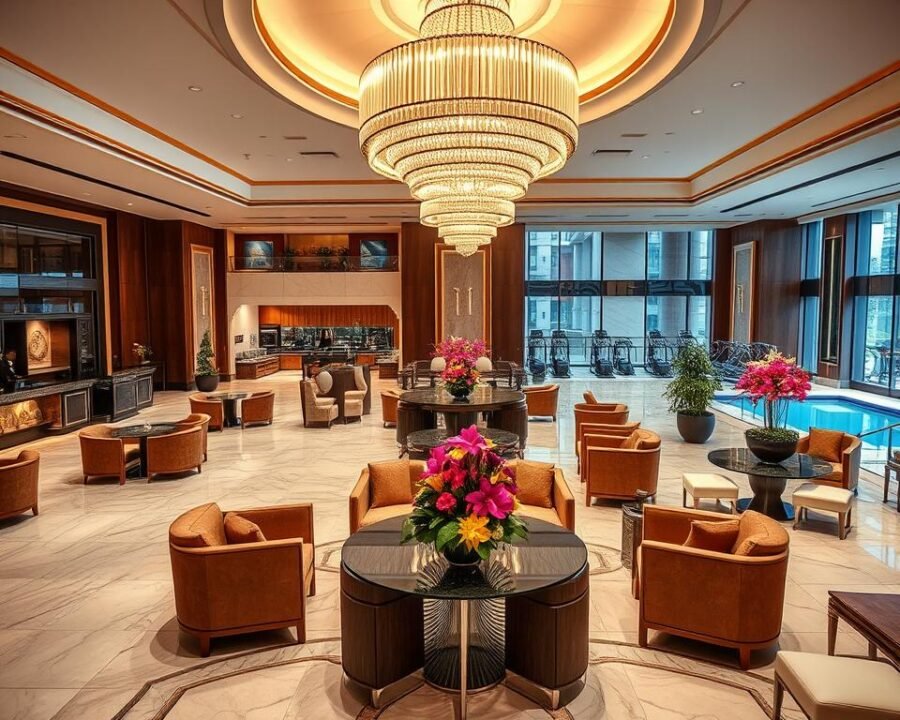 A luxurious lobby with a grand chandelier casting a warm glow on the polished marble floors. Plush armchairs and sofas arranged in cozy conversation areas, inviting guests to relax. An expansive front desk attended by friendly staff, ready to assist with any request. In the background, a fitness center filled with top-of-the-line equipment, and a gleaming indoor pool reflecting the natural light from floor-to-ceiling windows. Vibrant floral arrangements and art deco accents add an elegant touch, creating an atmosphere of exceptional hospitality and comfort.