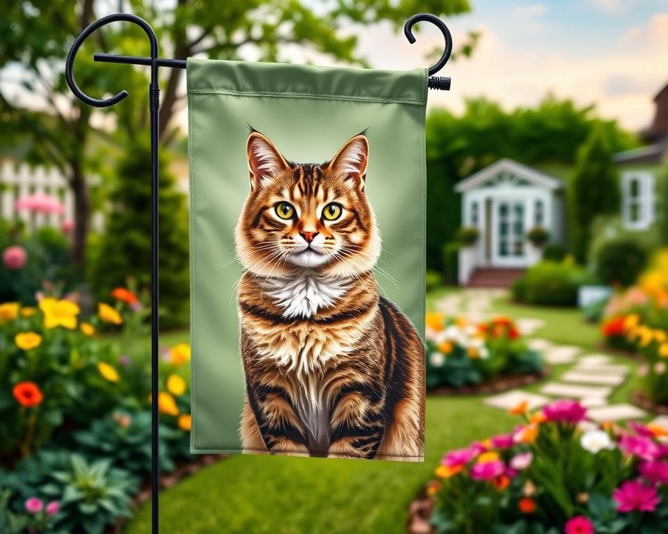 A meticulously crafted, high-quality cat-themed garden flag featuring a regal feline subject in a lush, verdant outdoor setting. The flag is prominently displayed in the foreground, with a beautifully detailed cat portrait taking center stage. The middle ground showcases a charming, well-manicured garden backdrop, complete with vibrant flowers, lush foliage, and a whimsical garden path. The background features a serene, softly-lit sky with gentle lighting that casts a warm, inviting glow over the scene. The overall composition exudes a sense of premium quality, durability, and timeless elegance perfectly suited for personalized outdoor decor.