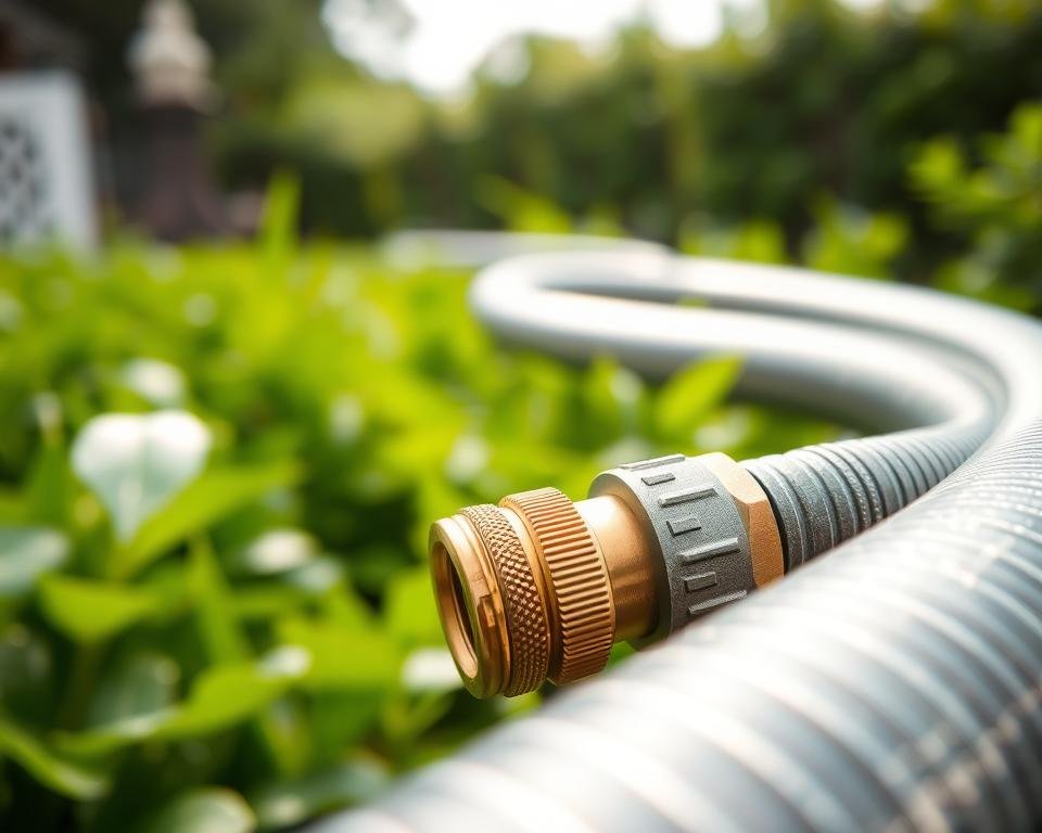 A meticulously crafted metal garden hose, its surface gleaming under a soft, diffused light. The hose's length extends gracefully, showcasing its durable construction and flexible nature. In the foreground, intricate details emerge - the knurled texture of the brass fittings, the subtle grooves along the hose's body, and the seamless integration of the various components. In the middle ground, the hose winds through a lush, verdant garden, its vibrant green foliage providing a natural backdrop. The overall scene conveys a sense of quality, functionality, and harmony with the outdoor environment.