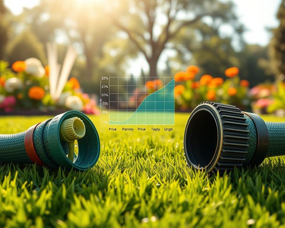 A meticulously detailed illustration of price versus quality in garden hoses. In the foreground, two garden hoses of contrasting appearance and construction, one budget-friendly and one premium-grade, positioned side by side on a lush, verdant lawn. The budget hose appears thinner and less durable, while the premium hose boasts a sturdy, reinforced build. In the middle ground, a chart or graph visualizing the relationship between price and quality, emphasizing the tradeoffs. The background features a serene, sunlit garden scene, with vibrant flowers and mature trees, conveying a sense of tranquility and the importance of reliable watering tools. Crisp, high-resolution rendering with natural lighting and depth of field, capturing the essence of this critical buying decision.