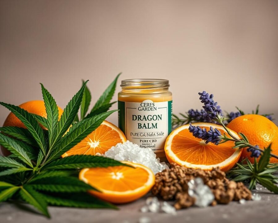 A meticulously detailed still life composition showcasing the key botanical components of Ceres Garden Dragon Balm. In the foreground, an array of natural ingredients are artfully arranged - vibrant green CBD leaves, ripe orange slices, aromatic herbs like rosemary and lavender, and glistening crystals of pure CBD isolate. The middle ground features a glass jar filled with the Dragon Balm salve, its label prominently displaying the product name. The background is a serene, softly-lit studio setting, with a muted color palette that lets the natural elements take center stage. Captured with a shallow depth of field, the image exudes a sense of premium quality, natural wellness, and the considered craftsmanship behind the Ceres Garden product.