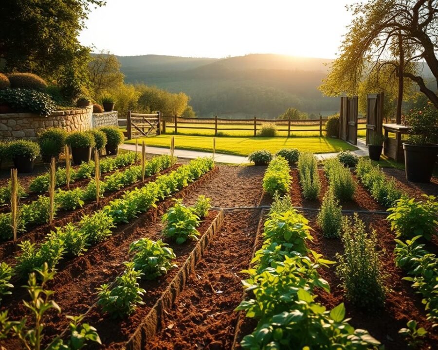 A meticulously organized herb garden, arranged in a visually appealing layout. The foreground features neatly trimmed beds filled with thriving herbs - rosemary, thyme, basil, and oregano, their vibrant green hues complemented by the warm, earthy tones of the soil. In the middle ground, a path winds through the garden, inviting exploration, while the background showcases a picturesque rural setting, with a stone wall, a wooden fence, and a lush, verdant backdrop of trees and shrubs. The scene is bathed in the soft, natural light of a golden hour, casting long shadows and creating a serene, tranquil atmosphere. The overall composition emphasizes the harmony between the carefully cultivated herbs and the surrounding natural environment, inspiring the viewer to envision their own bountiful and visually captivating herb garden.